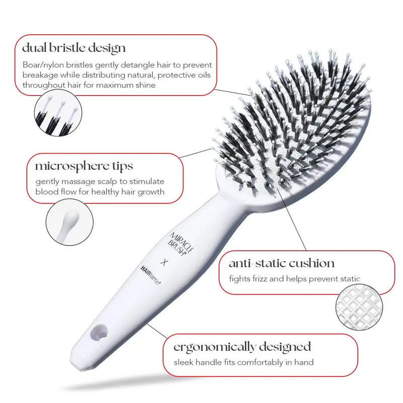 HAIRtamin Miracle Brush – White Boar Bristle Detangling Hair Brush – White