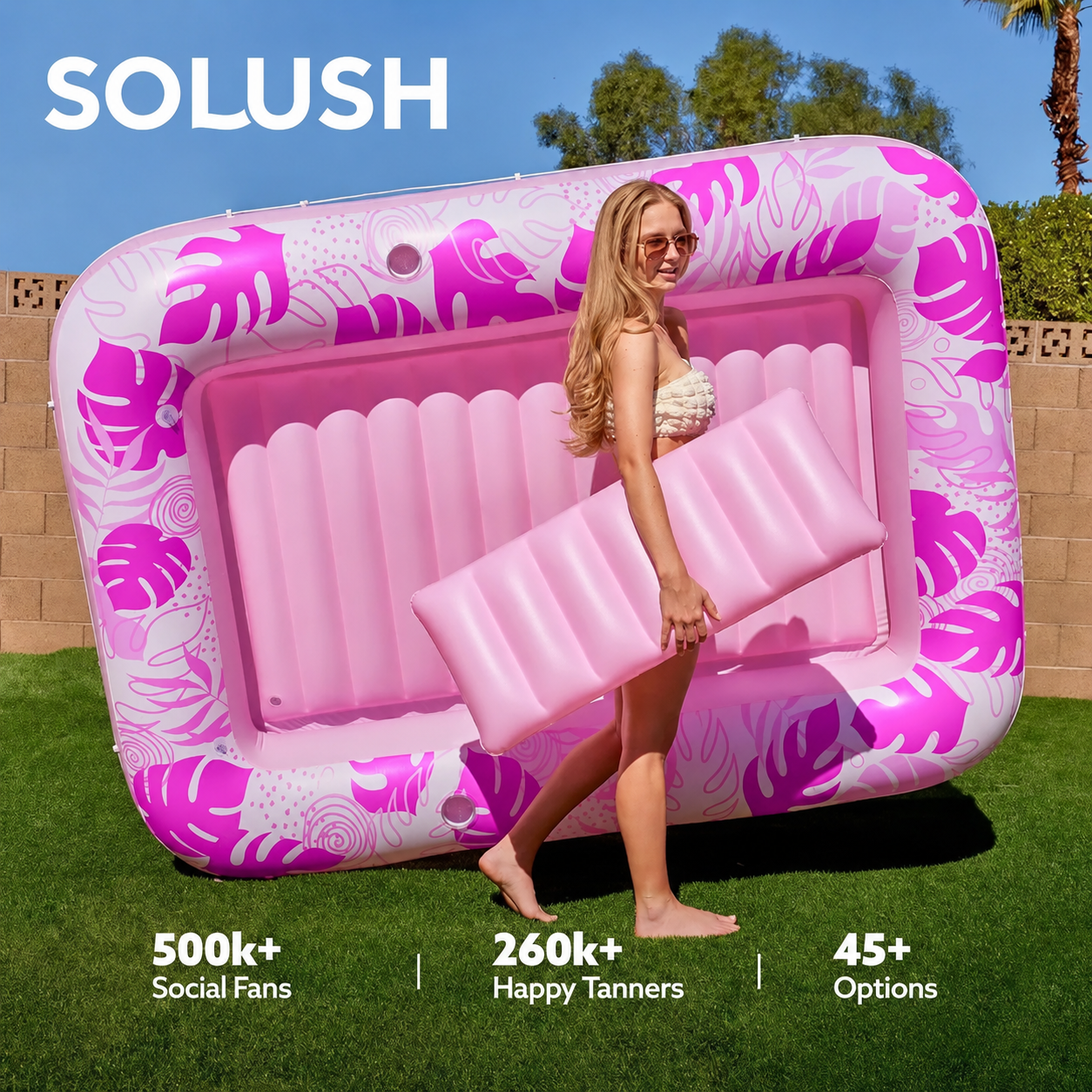 Inflatable Tanning Pool Lounge Float with Cup Holder & Pillow, 4-in-1 Adult Sunbathing Raft