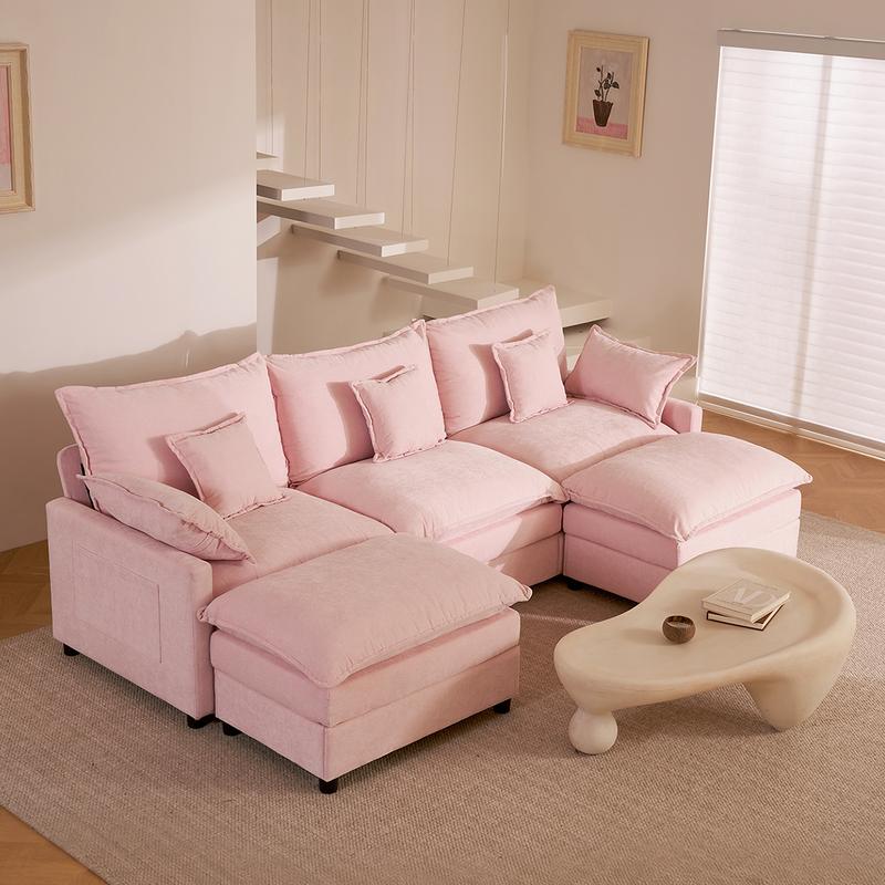 108" U-Shaped Modular Cloud Sofa, 3-Seater Sectional with 2 Movable Ottomans,Deep Seat,Chenille,Linen,SohoChic