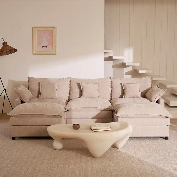 108" U-Shaped Modular Cloud Sofa, 3-Seater Sectional with 2 Movable Ottomans,Deep Seat,Chenille,Linen,SohoChic