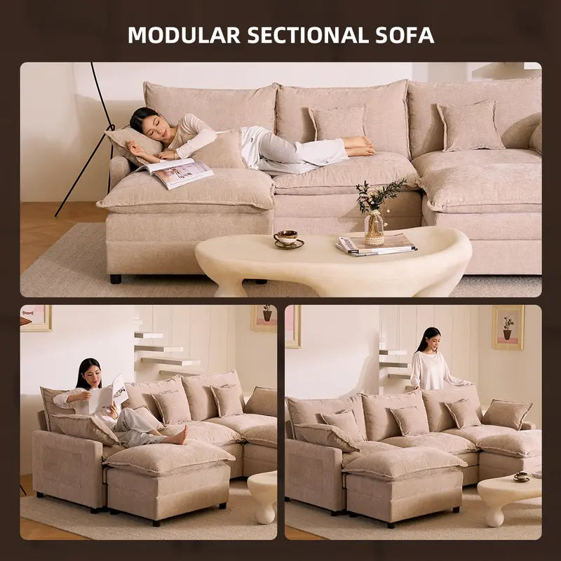 108" U-Shaped Modular Cloud Sofa, 3-Seater Sectional with 2 Movable Ottomans,Deep Seat,Chenille,Linen,SohoChic