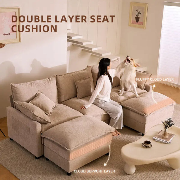 108" U-Shaped Modular Cloud Sofa, 3-Seater Sectional with 2 Movable Ottomans,Deep Seat,Chenille,Linen,SohoChic