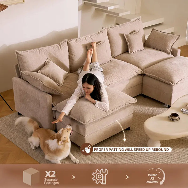 108" U-Shaped Modular Cloud Sofa, 3-Seater Sectional with 2 Movable Ottomans,Deep Seat,Chenille,Linen,SohoChic