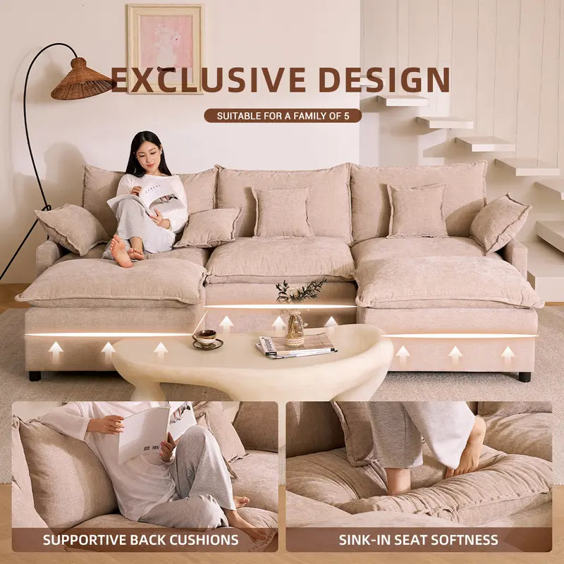 108" U-Shaped Modular Cloud Sofa, 3-Seater Sectional with 2 Movable Ottomans,Deep Seat,Chenille,Linen,SohoChic