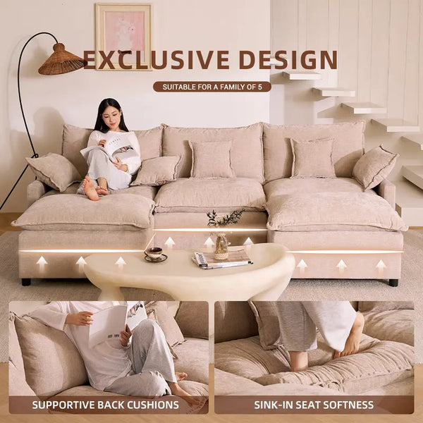 108" U-Shaped Modular Cloud Sofa, 3-Seater Sectional with 2 Movable Ottomans,Deep Seat,Chenille,Linen,SohoChic