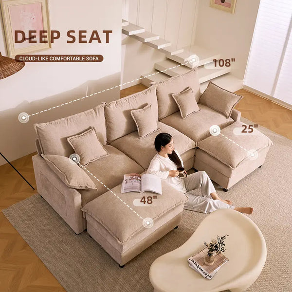 108" U-Shaped Modular Cloud Sofa, 3-Seater Sectional with 2 Movable Ottomans,Deep Seat,Chenille,Linen,SohoChic