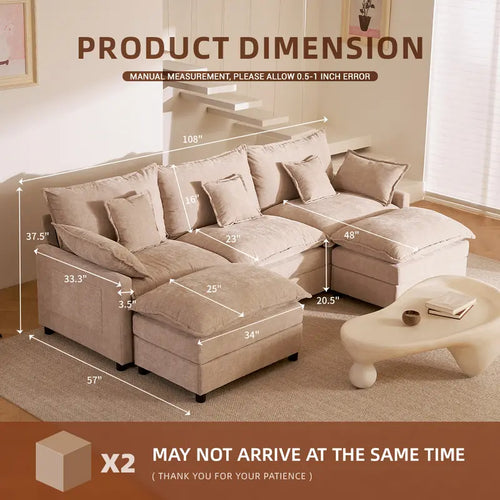 108" U-Shaped Modular Cloud Sofa, 3-Seater Sectional with 2 Movable Ottomans,Deep Seat,Chenille,Linen,SohoChic