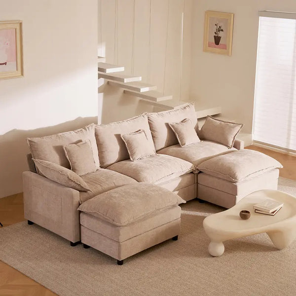 108" U-Shaped Modular Cloud Sofa, 3-Seater Sectional with 2 Movable Ottomans,Deep Seat,Chenille,Linen,SohoChic