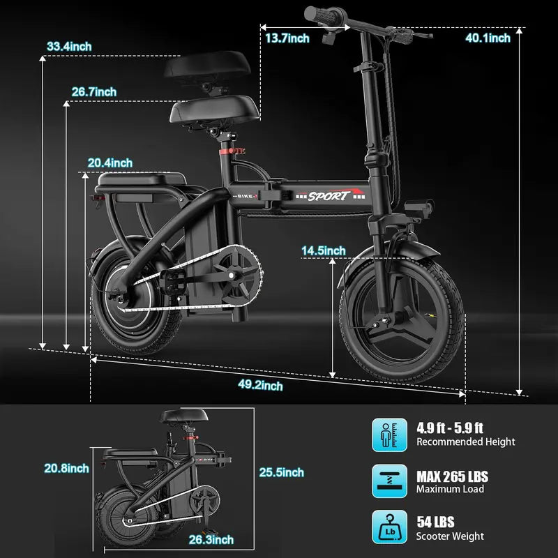 BIKE | Peak 1200W | 25MPH | 14" Pneumatic Tires | 22-40 Mile Range l Rear Disc Brake l Foldable l Two Seats