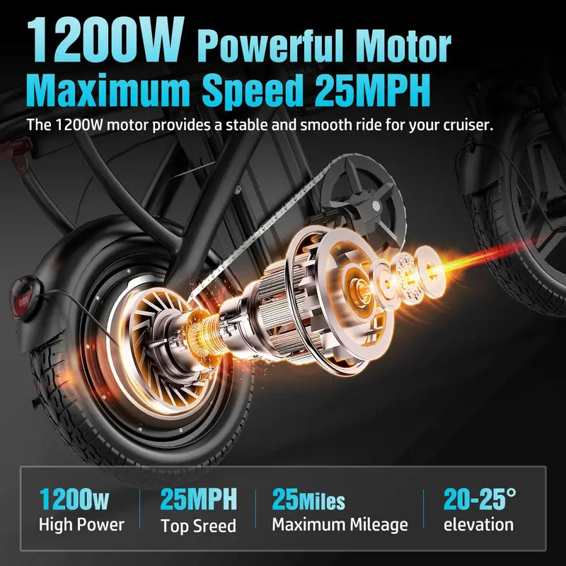 BIKE | Peak 1200W | 25MPH | 14" Pneumatic Tires | 22-40 Mile Range l Rear Disc Brake l Foldable l Two Seats