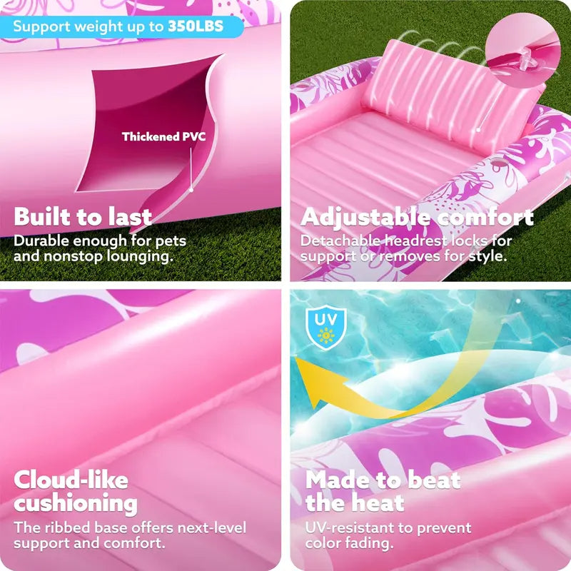 Inflatable Tanning Pool Lounge Float with Cup Holder & Pillow, 4-in-1 Adult Sunbathing Raft