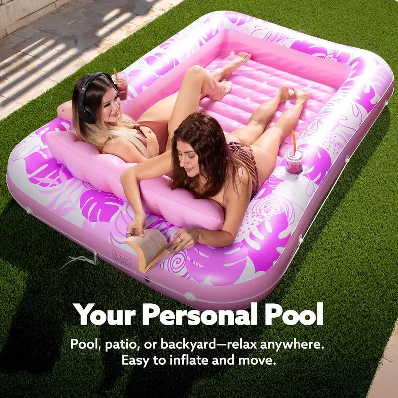 Inflatable Tanning Pool Lounge Float with Cup Holder & Pillow, 4-in-1 Adult Sunbathing Raft