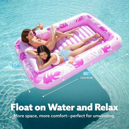 Inflatable Tanning Pool Lounge Float with Cup Holder & Pillow, 4-in-1 Adult Sunbathing Raft