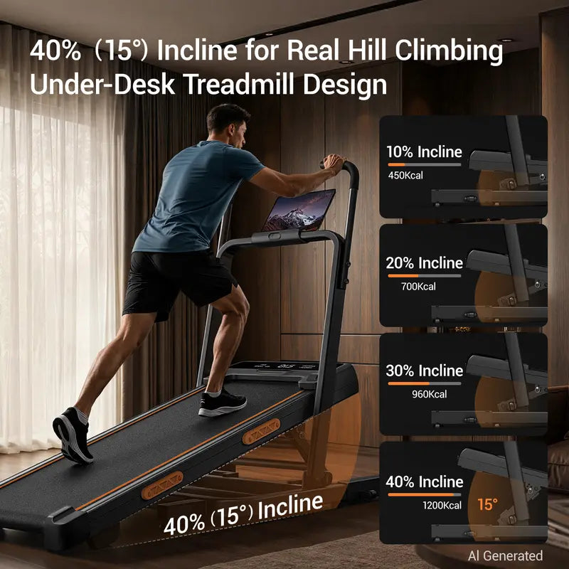 Walking Pad Treadmill Incline 40% & Elevated Dual Handrails, Quiet 3HP Motor 7.5MPH Foldable Treadmill 350LBS Capacity Duty Reinforced Frame Space Saving, LED Display Remote & Suction Tablet Holder for Home Gym