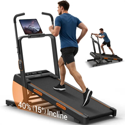 Walking Pad Treadmill Incline 40% & Elevated Dual Handrails, Quiet 3HP Motor 7.5MPH Foldable Treadmill 350LBS Capacity Duty Reinforced Frame Space Saving, LED Display Remote & Suction Tablet Holder for Home Gym