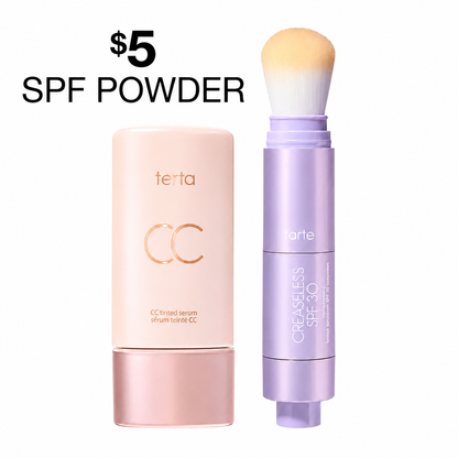 summer skin essentials - CC color-correcting tinted serum + creaseless SPF 30 mineral setting powder