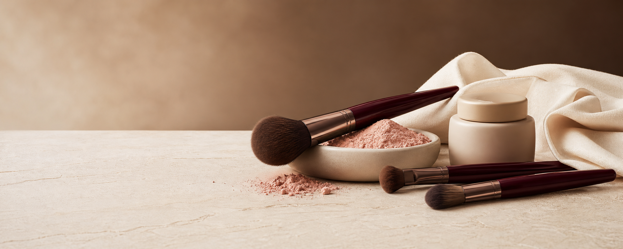 Warm ivory beauty scene with burgundy makeup brushes, blush powder and skincare jar