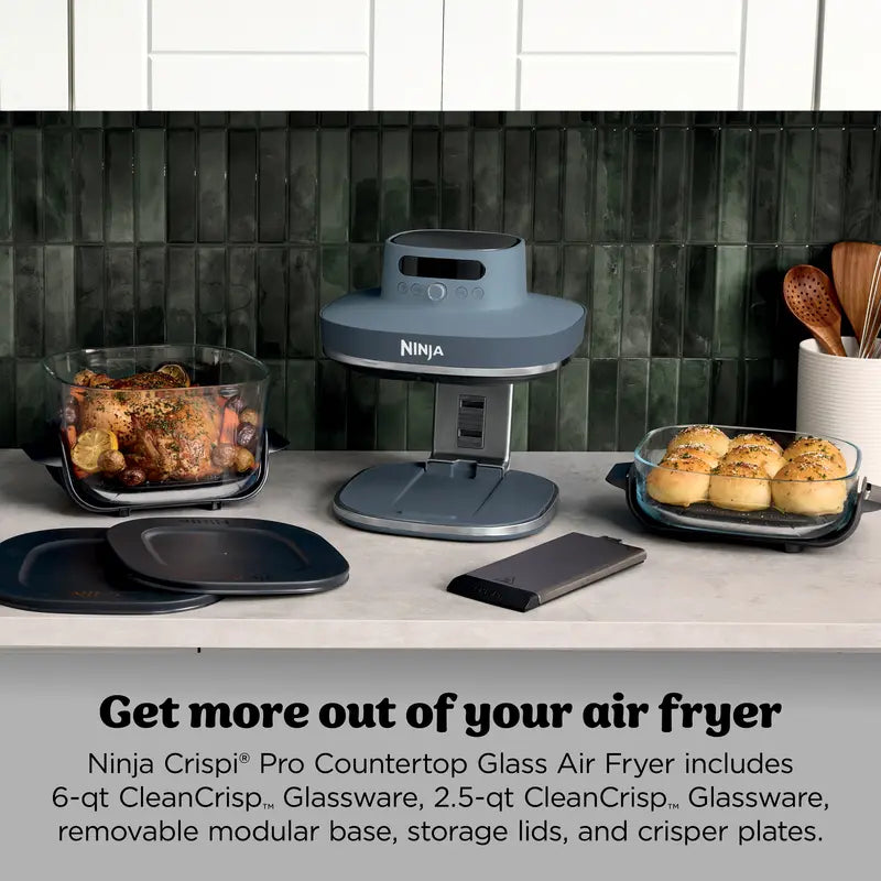 Air fryer base with two glass containers, storage lids and crisper plates