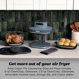 Air fryer base with two glass containers, storage lids and crisper plates