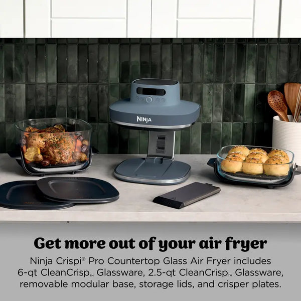 Air fryer base with two glass containers, storage lids and crisper plates