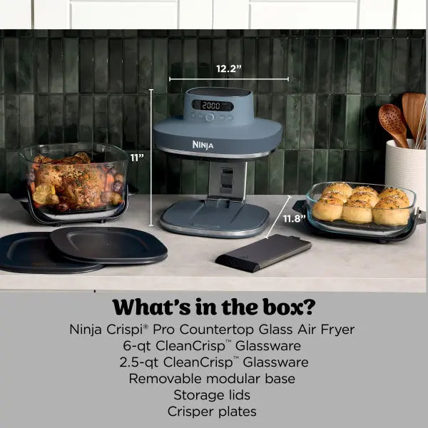 Glass air fryer package contents and dimensions