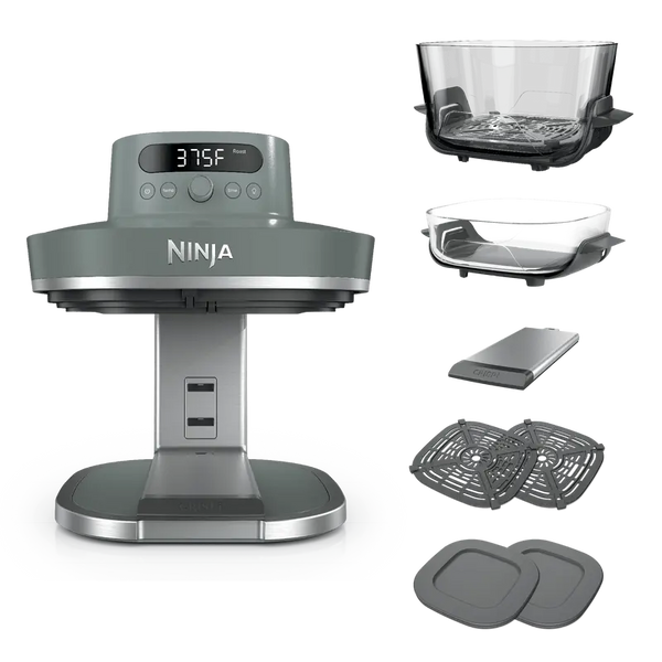 Air fryer base, glass containers, crisper plate and storage lid