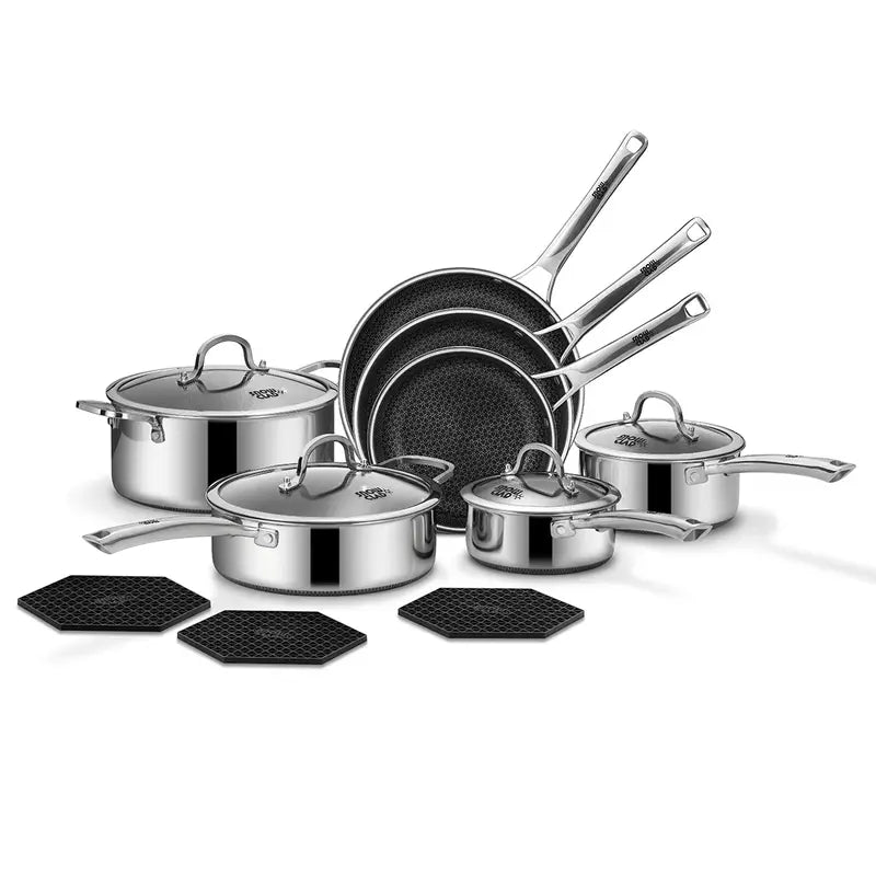 14-piece cookware set with three silicone trivets