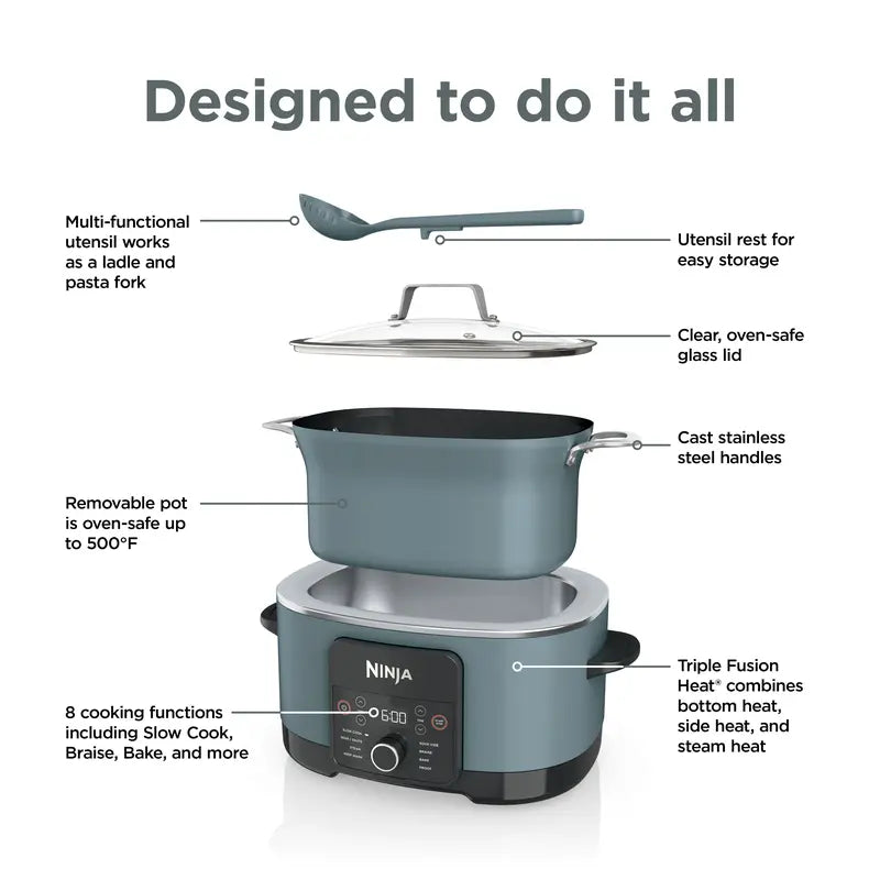Ninja PossibleCooker Pro components, spoon-ladle, glass lid and removable oven-safe pot