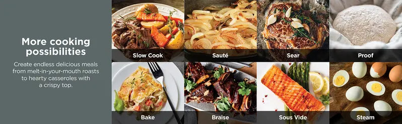 Ninja PossibleCooker Pro cooking possibilities: slow cook, saute, sear, proof, bake, braise, sous vide and steam