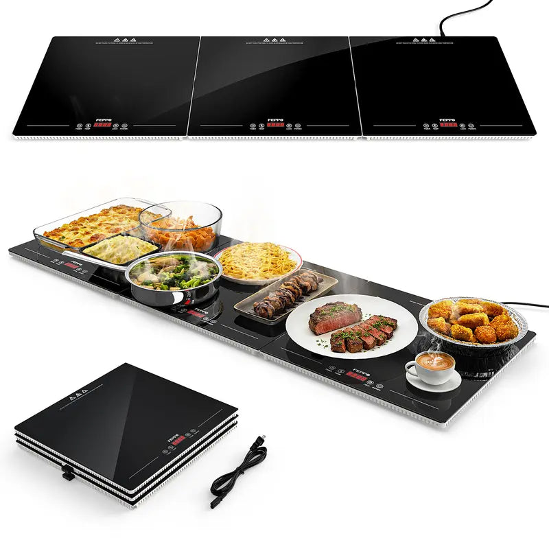 Three-panel black warming tray shown open and stacked