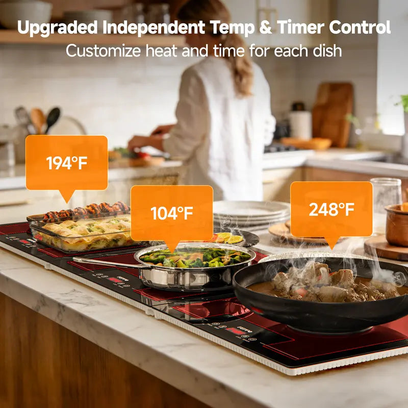 Independent temperature and timer controls for each warming panel