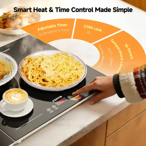 Warming tray temperature levels, timer and child lock