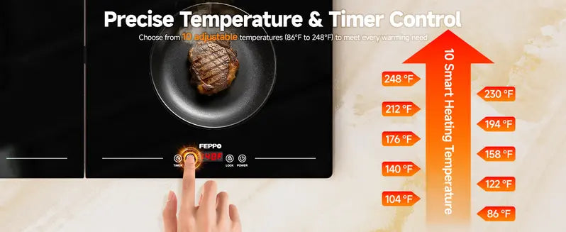 Ten selectable temperature levels on the warming tray