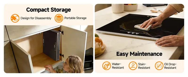 Warming tray panel storage and glass cleaning surface