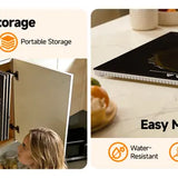 Warming tray panel storage and glass cleaning surface