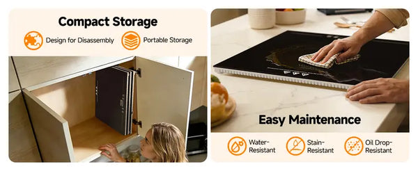 Warming tray panel storage and glass cleaning surface